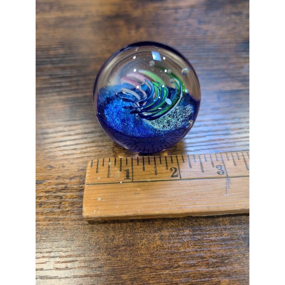 Art Glass Hand Blown Paperweight Green & Cobalt Blue & Pink Swirl 2 In